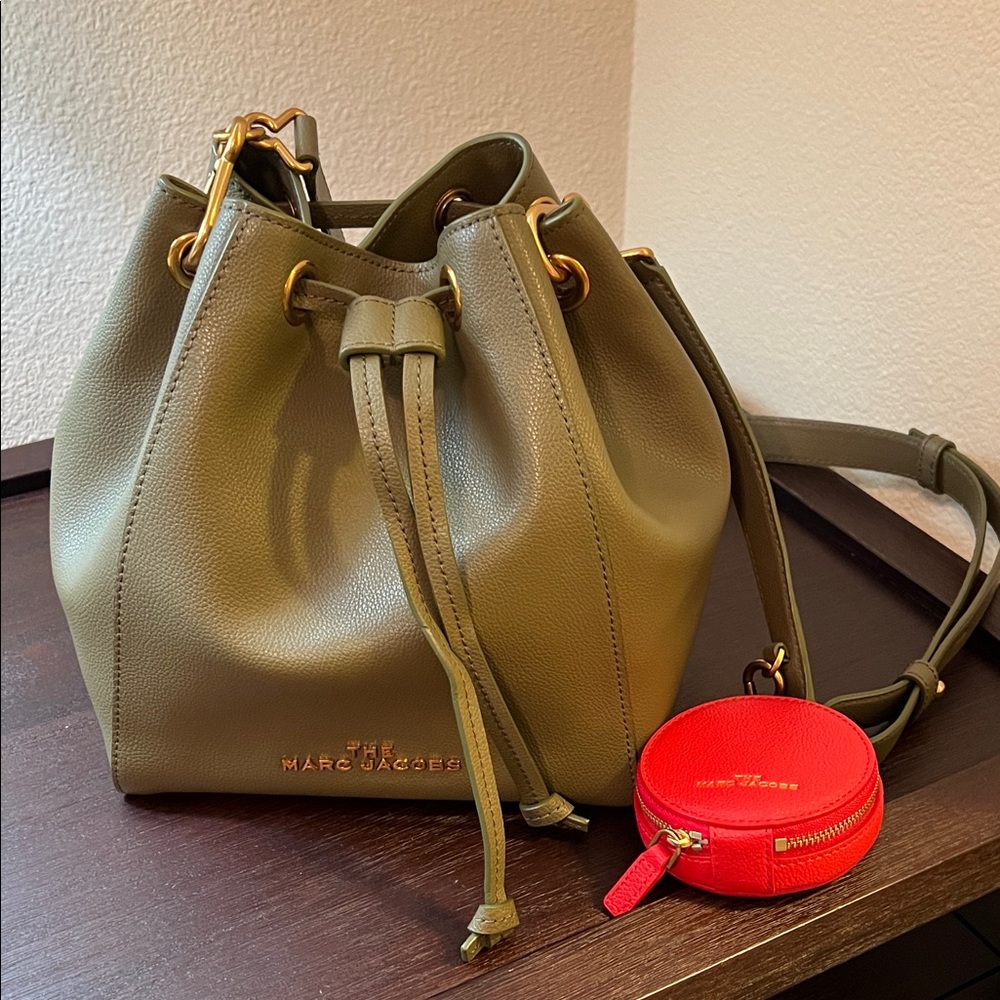 Marc Jacobs Olive Green Crossbody Bucket Bag with Red Pouch